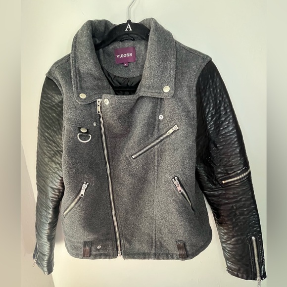 Vigoss Jackets & Blazers - Vigoss Women’s Gray & Black Faux Leather And Wool Bomber Moto Jacket Size Large
